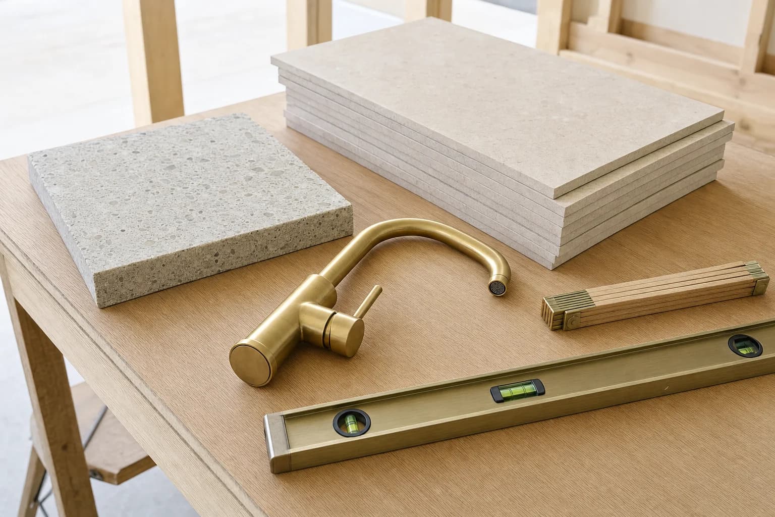 A stone benchtop offcut, large format limestone tiles, brass tapware and a tape measure laid out on a pale oak bench