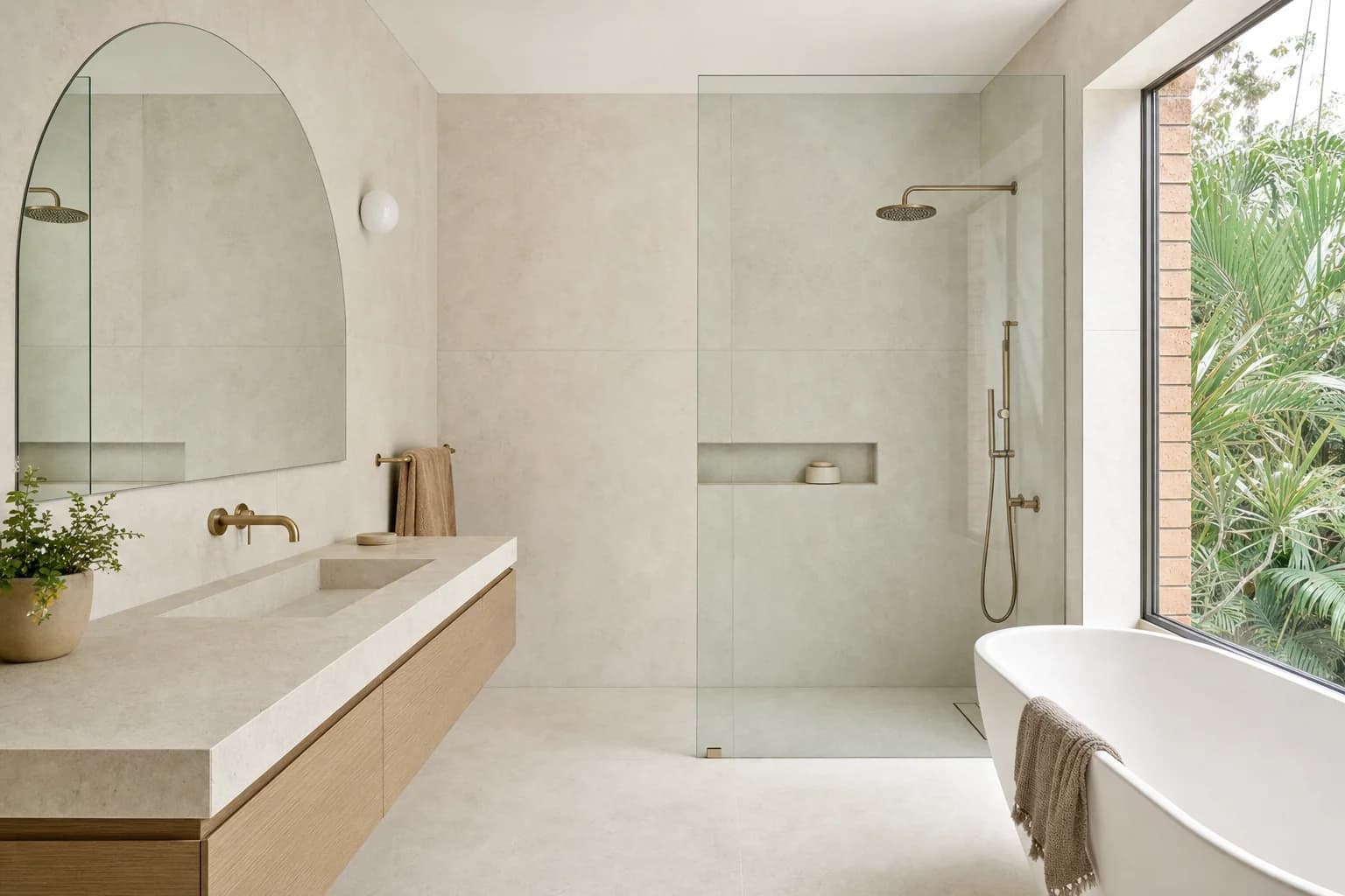 A renovated bathroom in an older brick home with large format limestone tiling, a pale oak vanity and a frameless glass shower screen