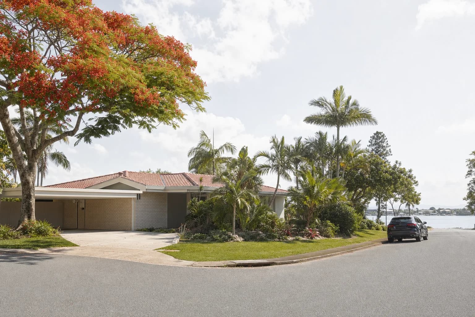 A single storey brick and tile home on a riverside street with wide eaves, a carport and mature poinciana and palms in the yard