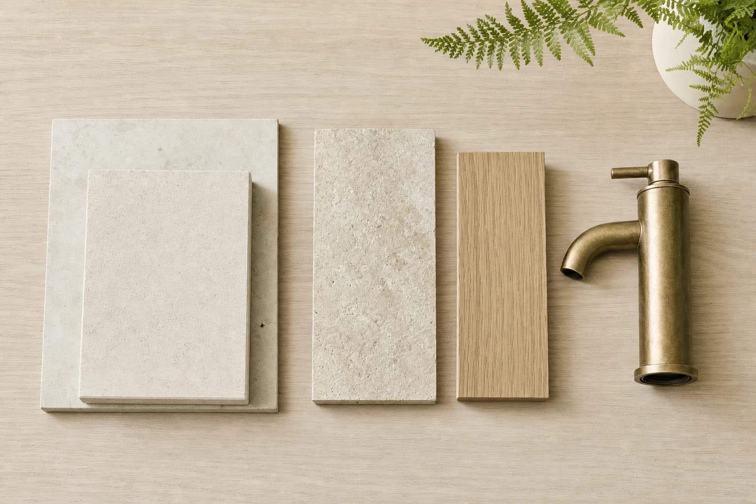 Limestone tile samples, a stone benchtop offcut, an oak veneer sample and aged brass tapware laid out on a table