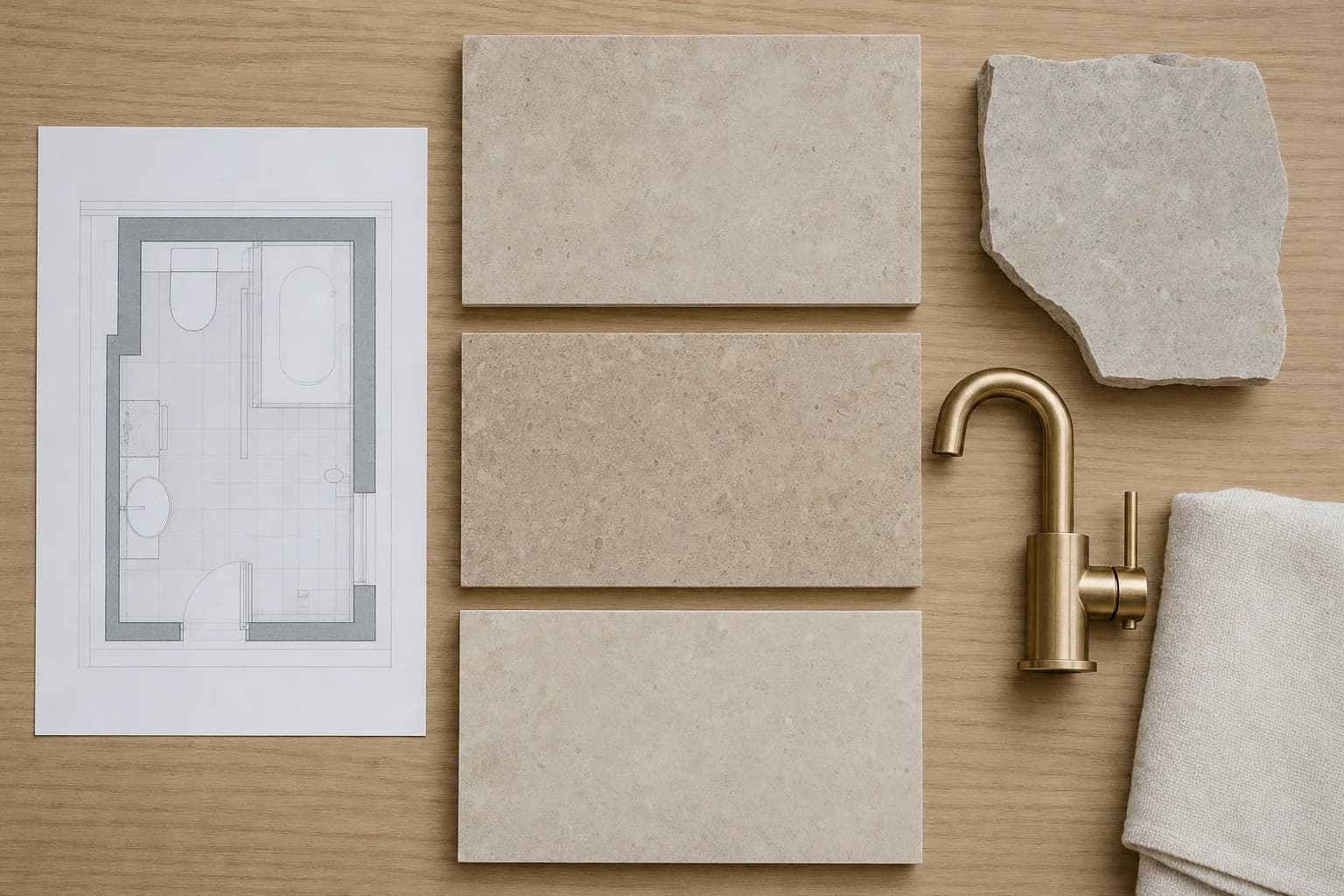 Bathroom design drawing laid out with limestone tile samples, a stone benchtop offcut and brass tapware