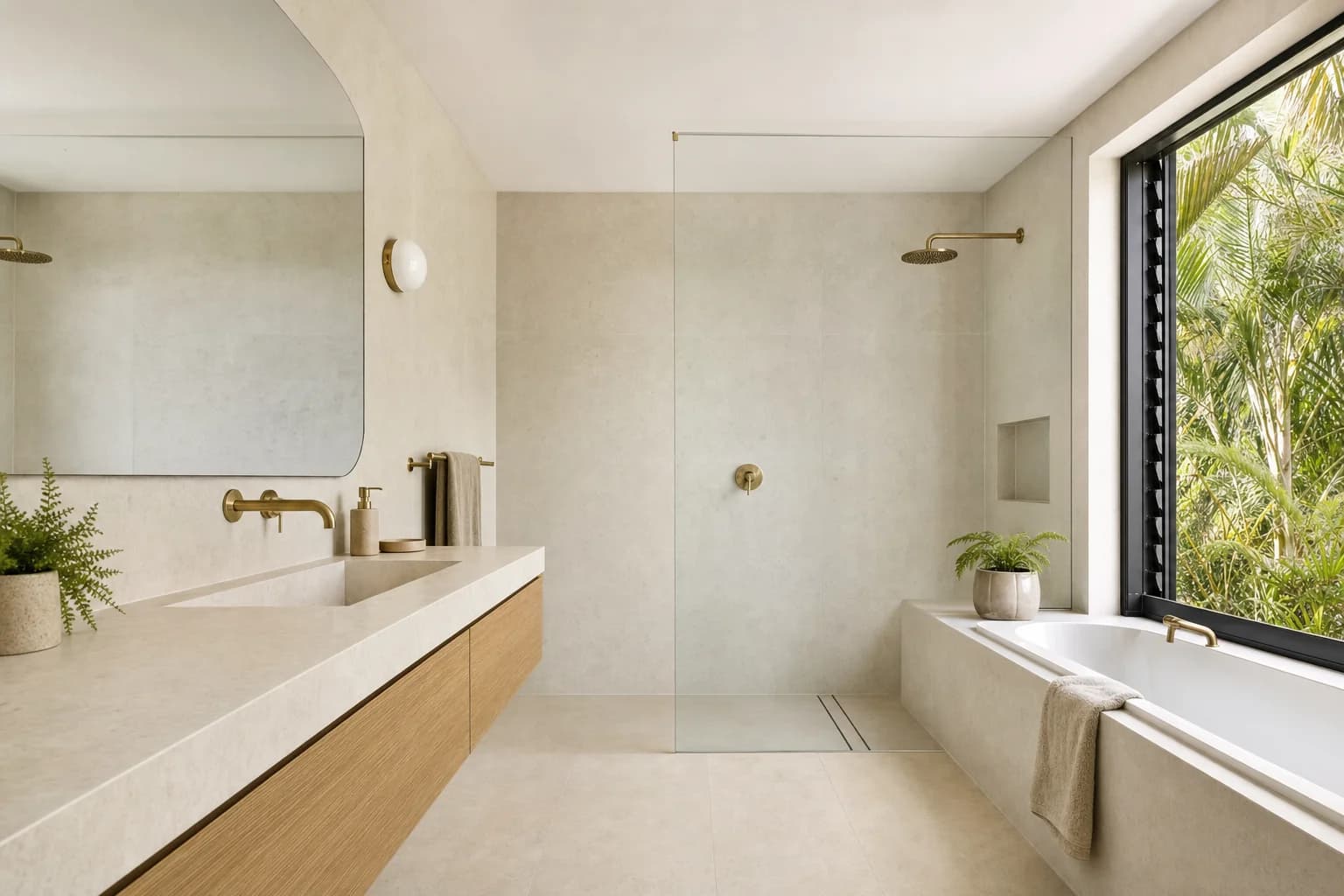 Renovated main bathroom in a Ballina brick home with warm sand floor tiling, limestone walls, a wide oak vanity and a built-in bath under the window