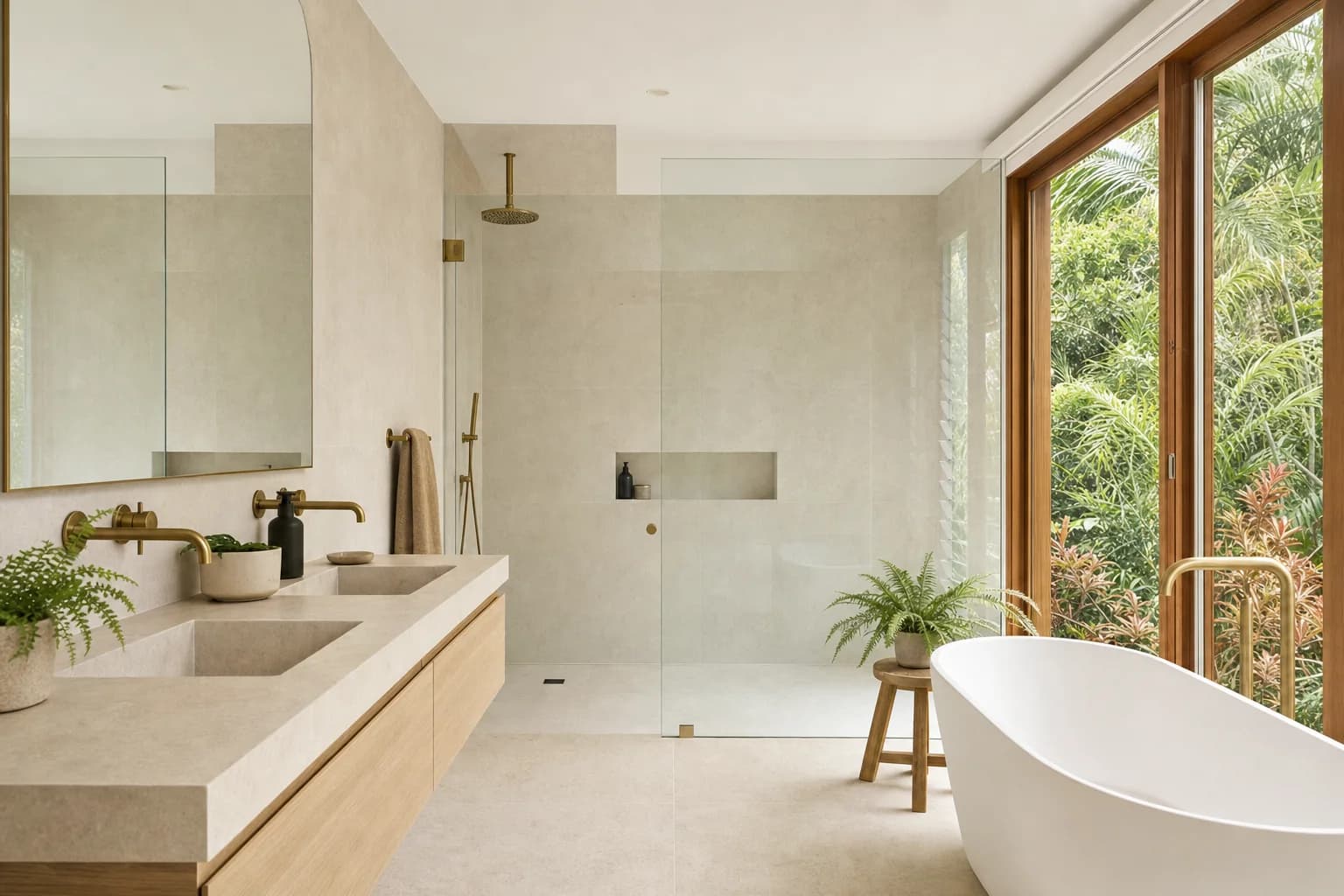 Renovated bathroom in a raised timber Byron Bay home with limestone tiling, a wide pale oak vanity, a freestanding bath and tall windows onto subtropical greenery