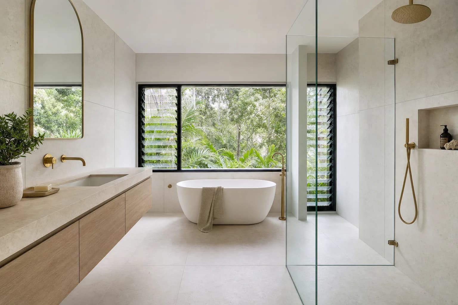 Renovated bathroom in a Coolangatta beachside home with limestone tiling, a wall-hung oak vanity, aged brass tapware and a freestanding bath under a wide window