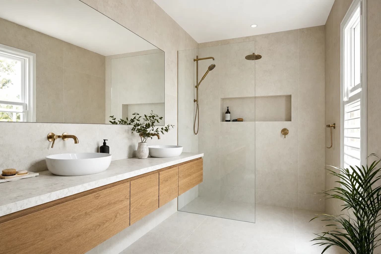 Renovated bathroom in Hope Island with warm neutral tiling, a wall-hung timber vanity with a stone top and a frameless walk-in shower