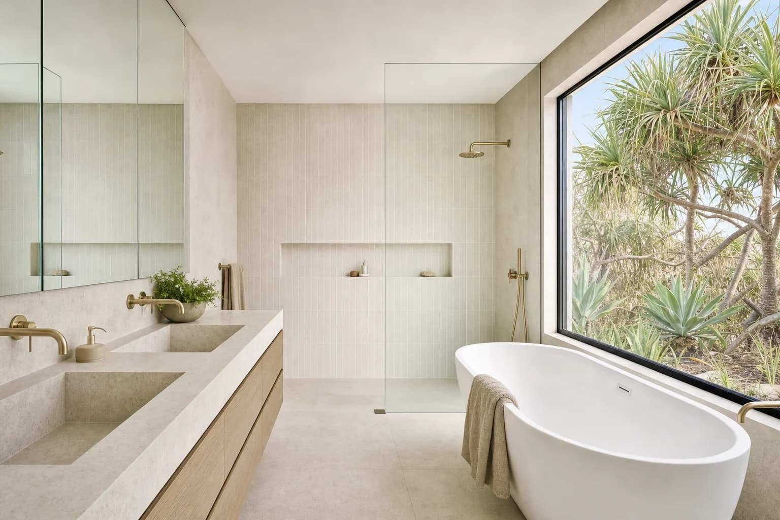 Renovated main bathroom in a Kingscliff beach house with limestone tiling, a wall-hung oak double vanity, aged brass tapware and a freestanding bath by a wide window