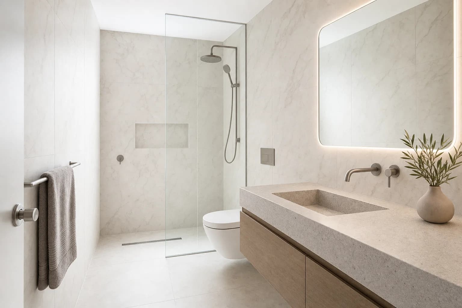 Renovated bathroom in Main Beach with warm neutral tiling, a wall-hung timber vanity with a stone top and a frameless walk-in shower