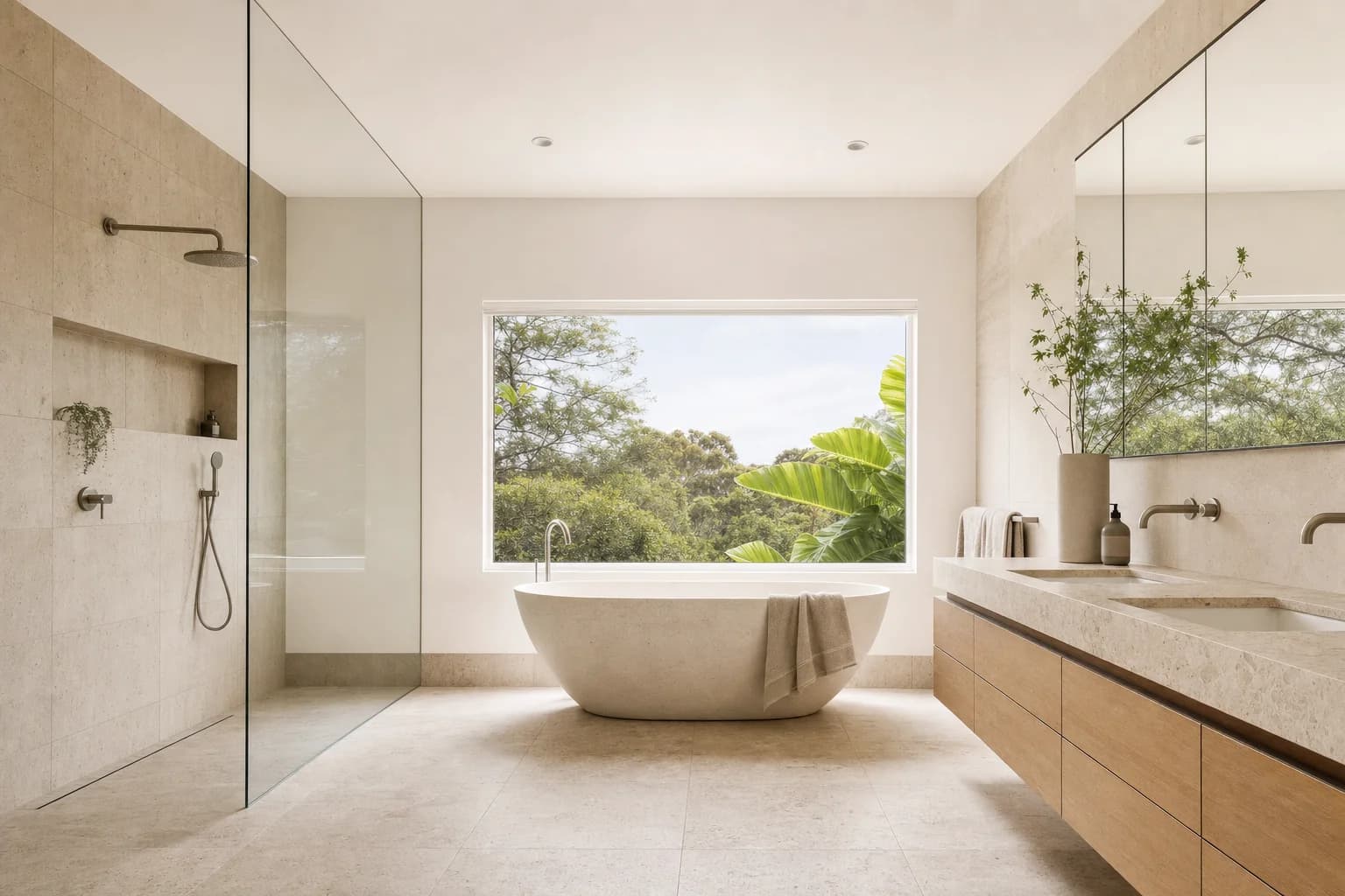 Renovated bathroom in Mermaid Beach with warm neutral tiling, a wall-hung timber vanity with a stone top and a frameless walk-in shower