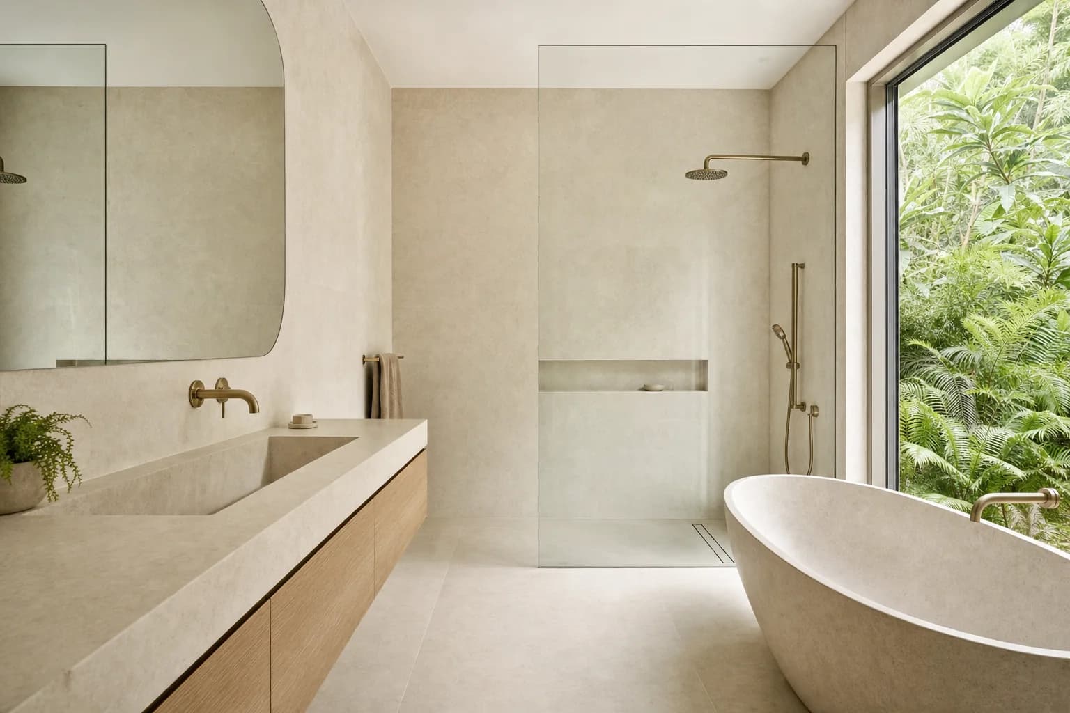 Renovated bathroom in a high end Noosa home with limestone and tan stone surfaces, a wide pale oak vanity, a freestanding stone bath and full height glazing onto greenery