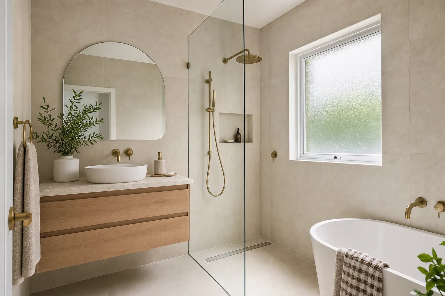 Renovated bathroom in Palm Beach with warm neutral tiling, a wall-hung timber vanity with a stone top and a frameless walk-in shower