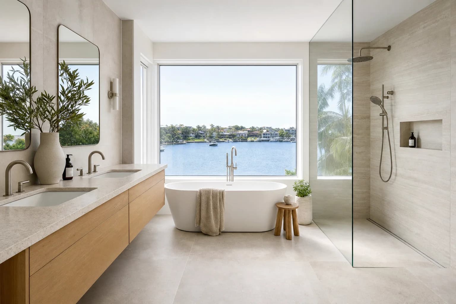 Renovated bathroom in Paradise Point with warm neutral tiling, a wall-hung timber vanity with a stone top and a frameless walk-in shower