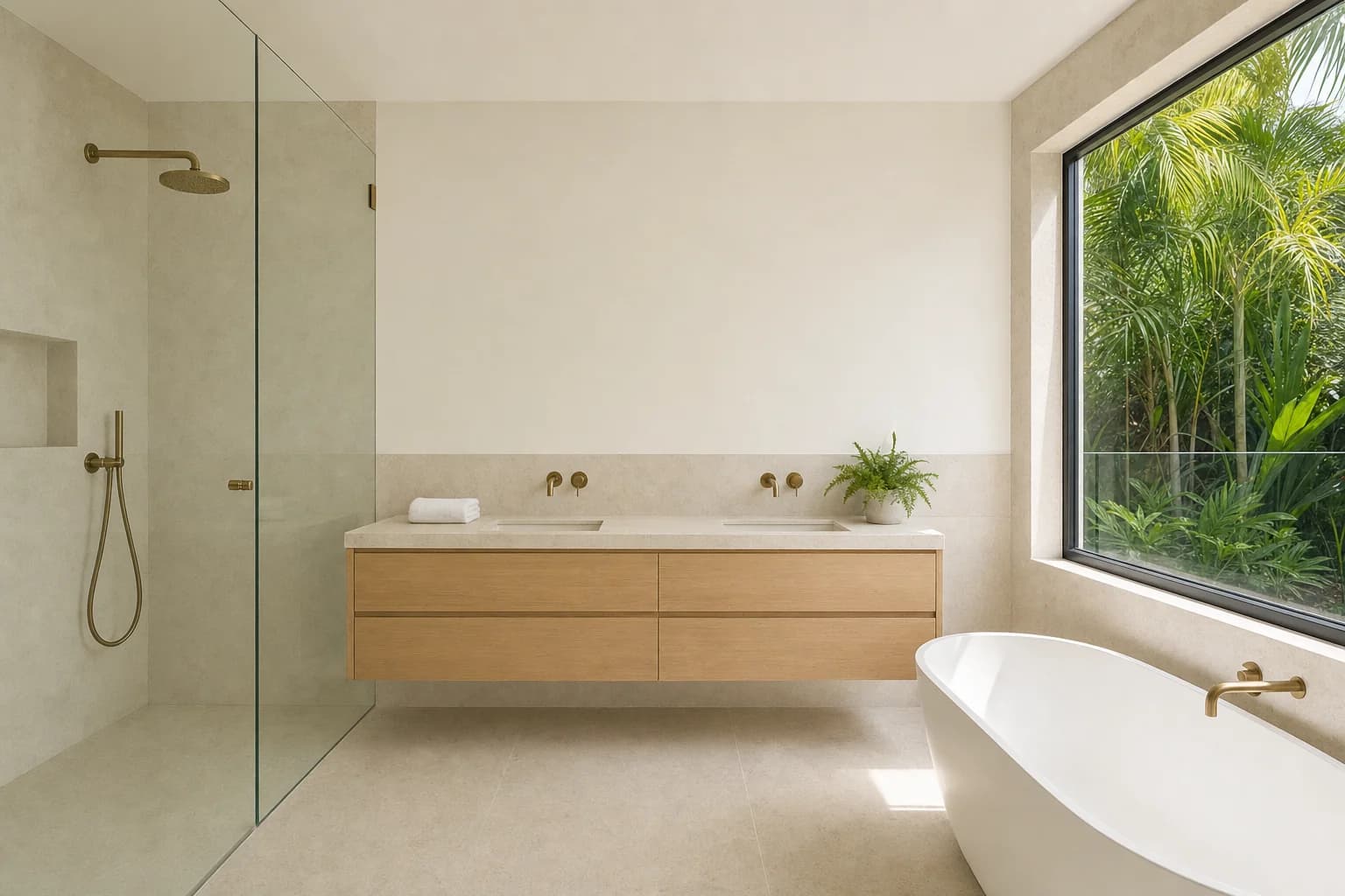Renovated family bathroom in Robina with limestone tiling, a wall-hung oak double vanity, aged brass tapware and a freestanding bath under the window