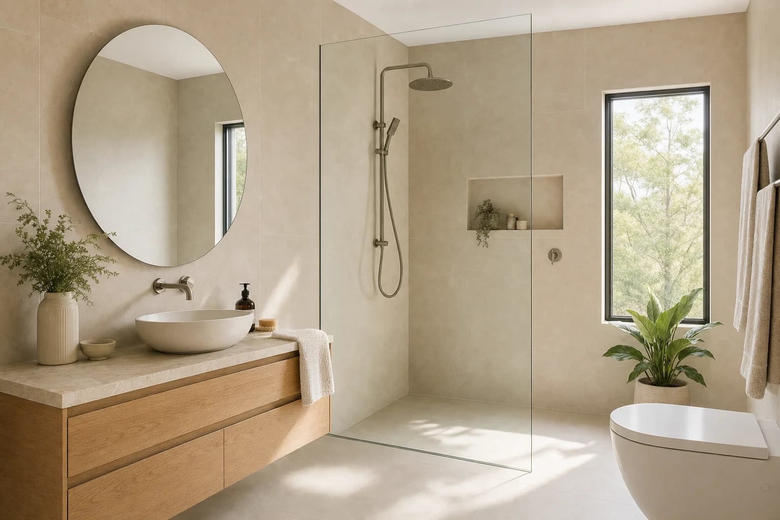 Renovated bathroom in Southport with warm neutral tiling, a wall-hung timber vanity with a stone top and a frameless walk-in shower