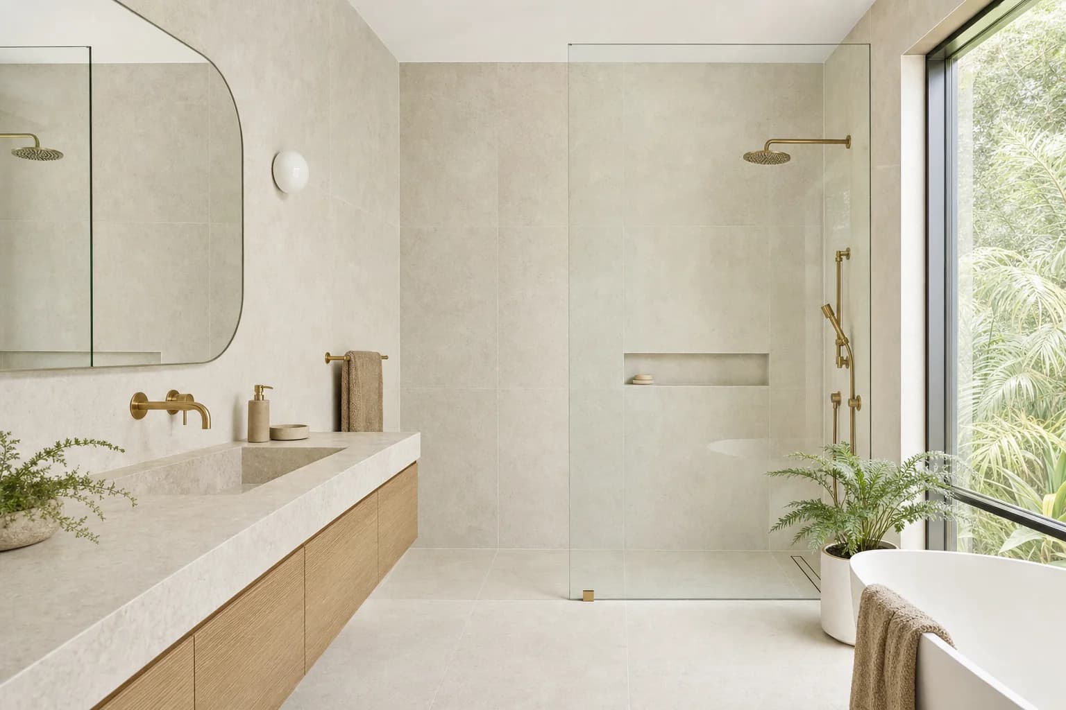 Renovated bathroom in a Tweed Heads home with limestone tiling, a step-free walk-in shower with a linear drain, a long wall-hung oak vanity and aged brass tapware