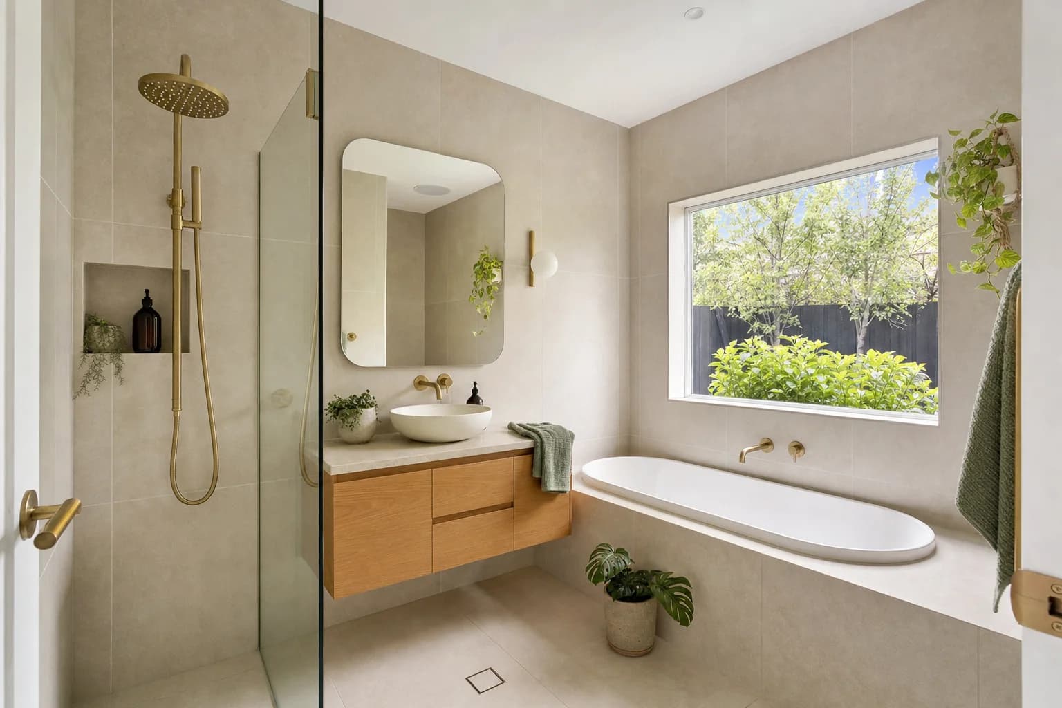 Renovated bathroom in Varsity Lakes with warm neutral tiling, a wall-hung timber vanity with a stone top and a frameless walk-in shower