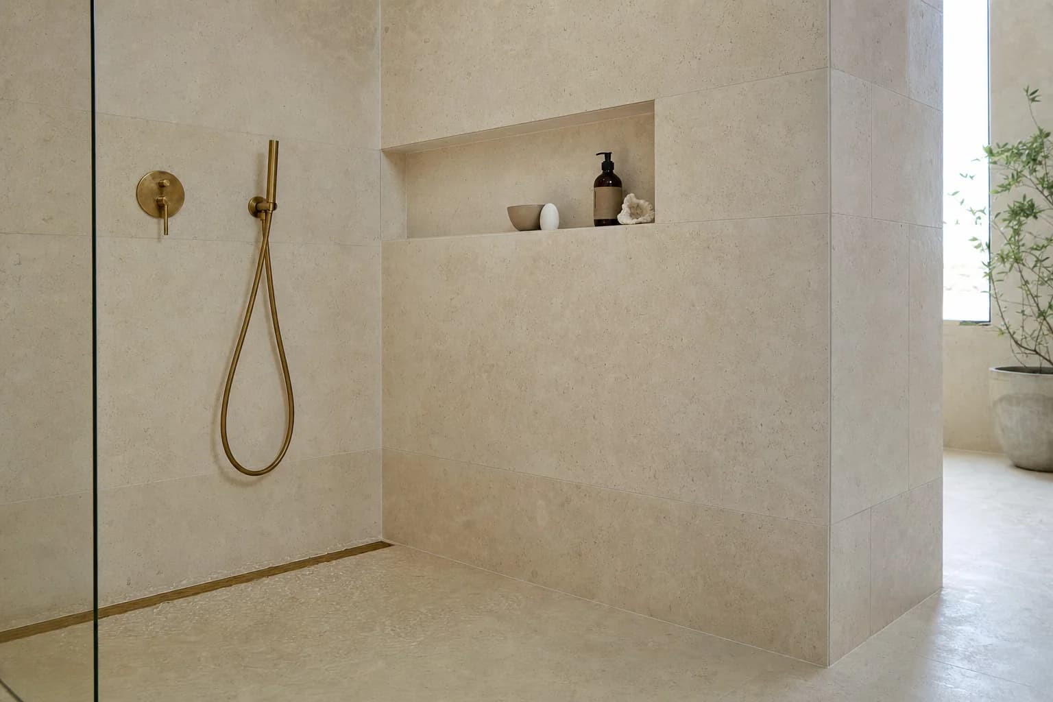 A completed walk-in shower on the Gold Coast, large-format limestone tiling with a mitred corner, a tiled niche and aged brass tapware