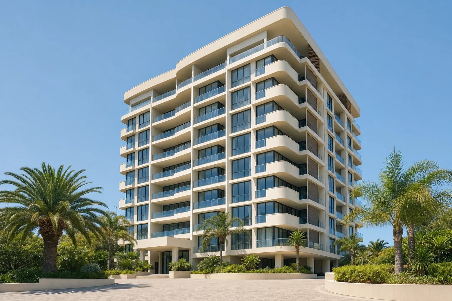 A mid rise Australian residential apartment building with deep balconies and mature palms at the base