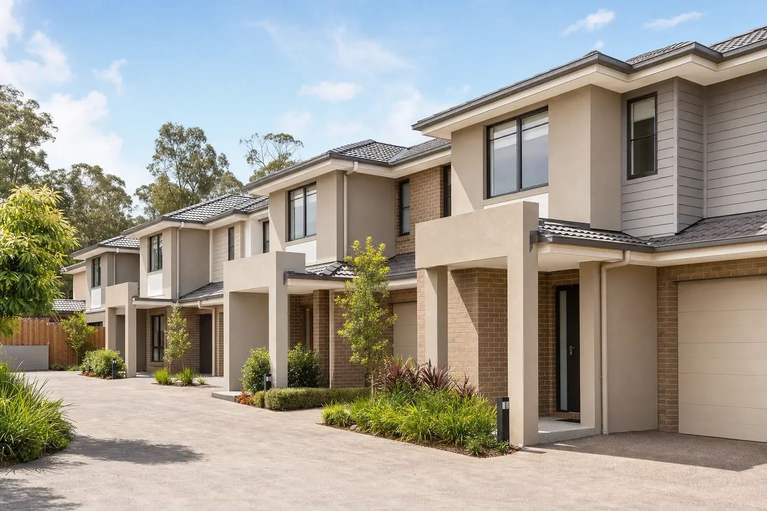 A row of modern Australian townhouses with rendered facades, tiled roofs and small landscaped front gardens