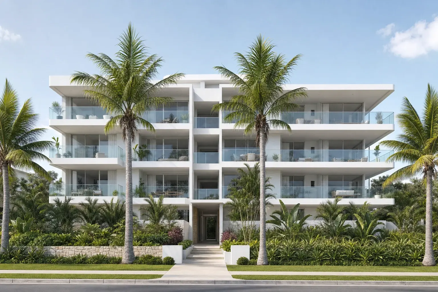 A modern low rise Australian apartment building with generous balconies and mature palms across the frontage