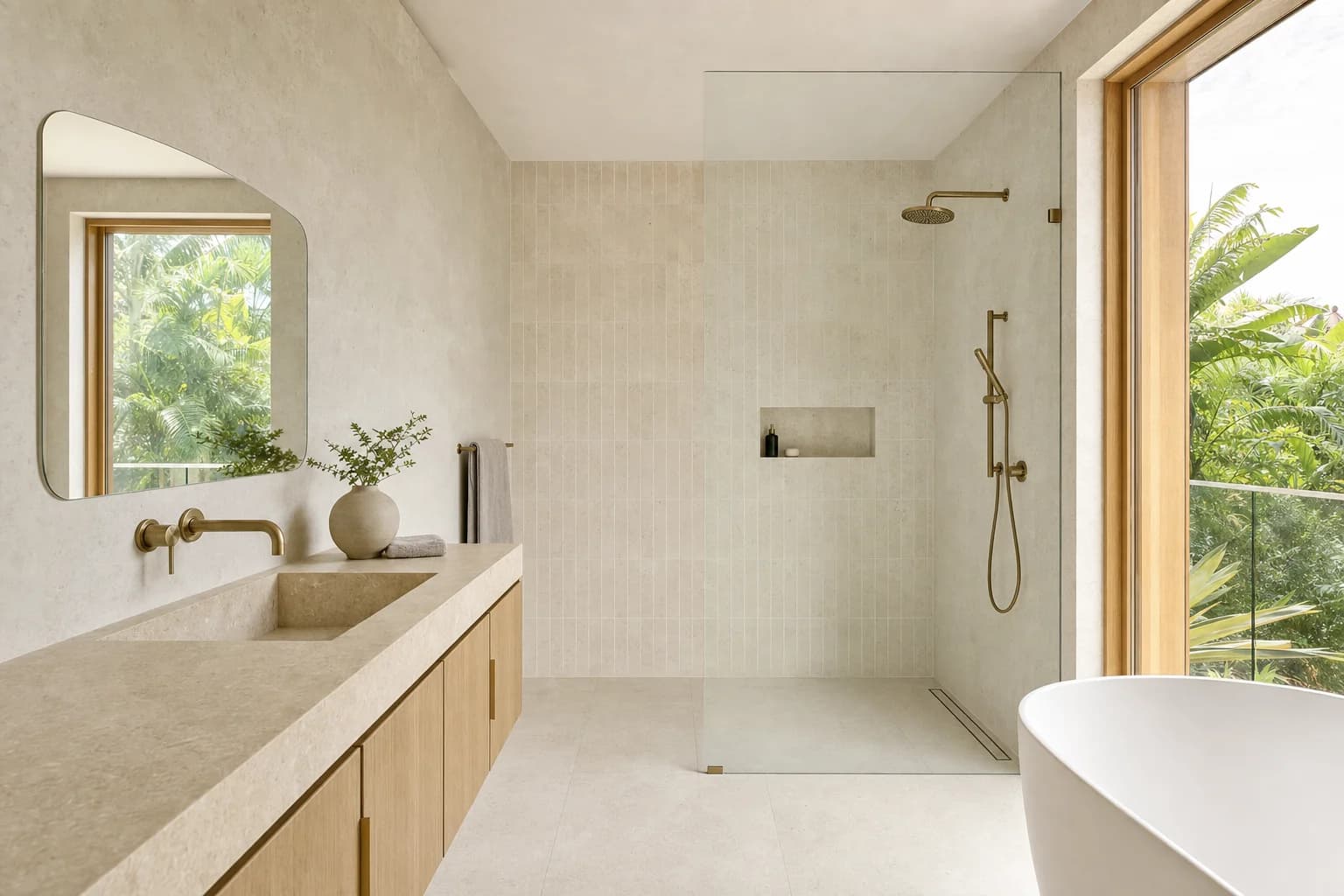 A renovated bathroom in a timber coastal home with warm sand and limestone tiling, pale oak joinery, a tan stone benchtop and a timber framed window