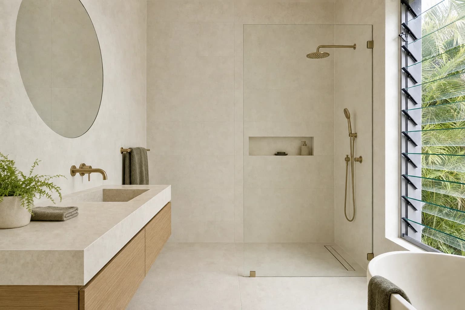 A renovated bathroom in a small post-war cottage with limestone tiling, a compact wall-hung oak vanity and a frameless walk-in shower