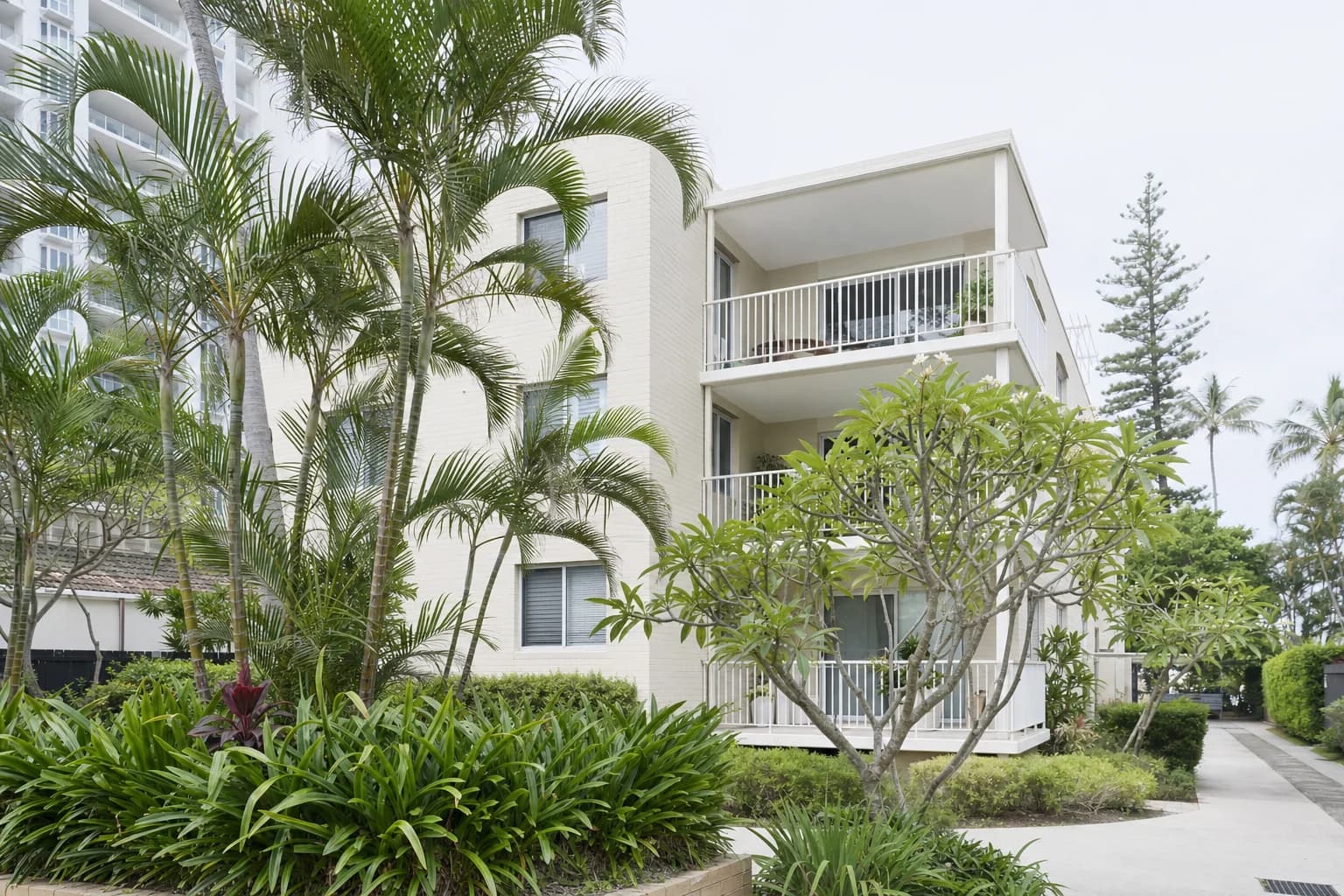 A three storey cream brick walk-up apartment block near the beach at Coolangatta with open balconies and mature palms in front