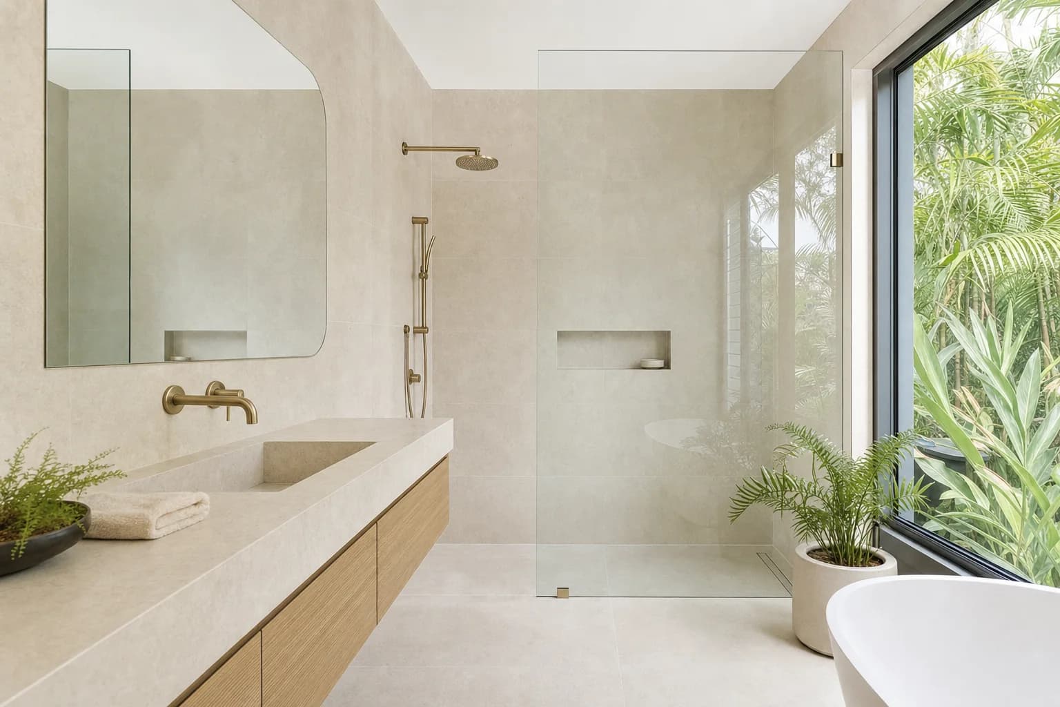 A renovated ensuite in a modern two storey house with warm sand tiling, a slim wall-hung oak vanity and a frameless glass shower screen