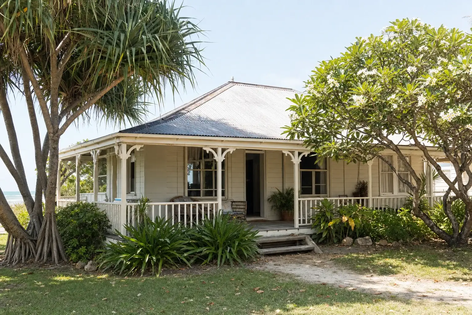 An older Australian beachside cottage, low set with painted weatherboard, a wide front verandah and a tin roof