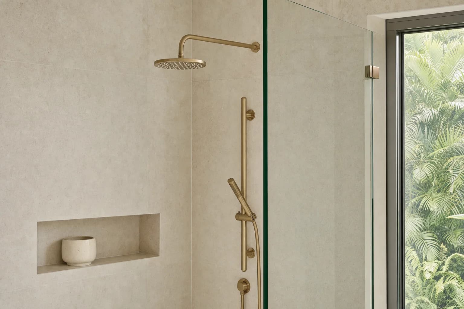 A frameless glass screen meeting limestone tiling, with an aged brass shower rail and a recessed tiled niche