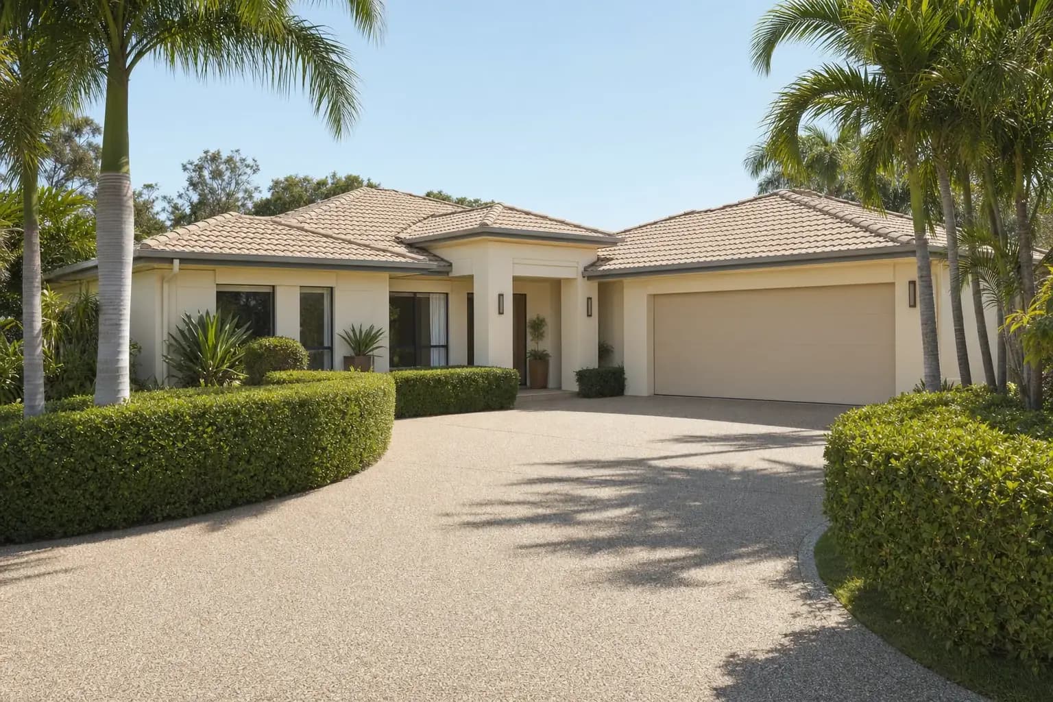 A single storey Australian estate home rendered in warm cream with a tiled hip roof and a wide driveway