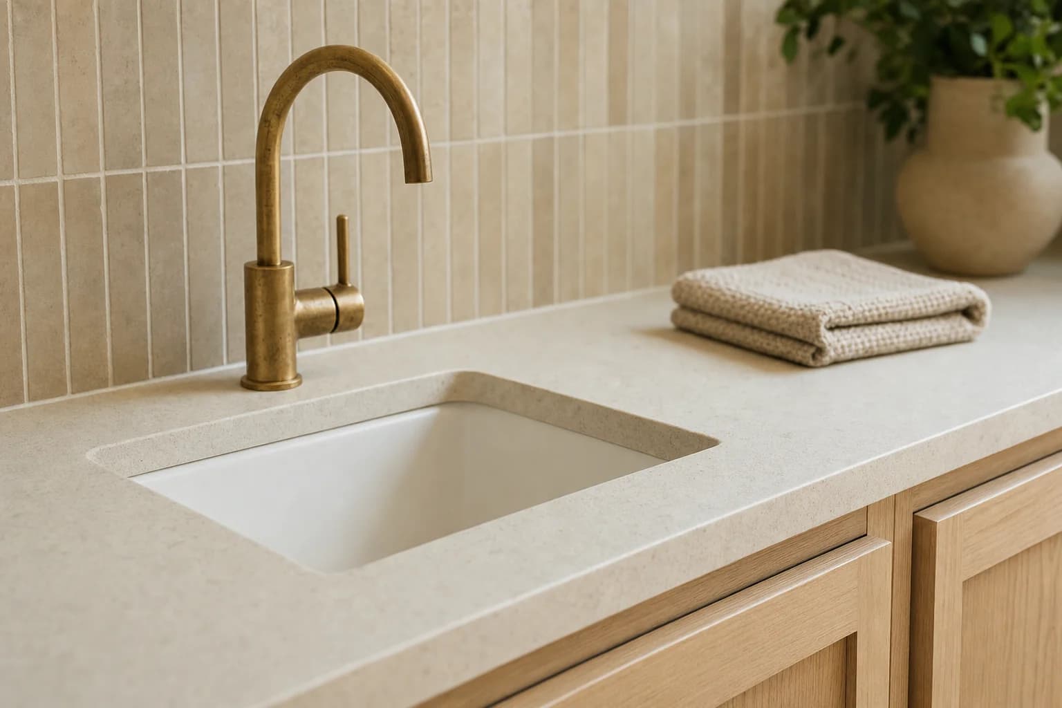 An undermount laundry trough set into a stone benchtop, with an aged brass mixer against a warm sand tiled splashback