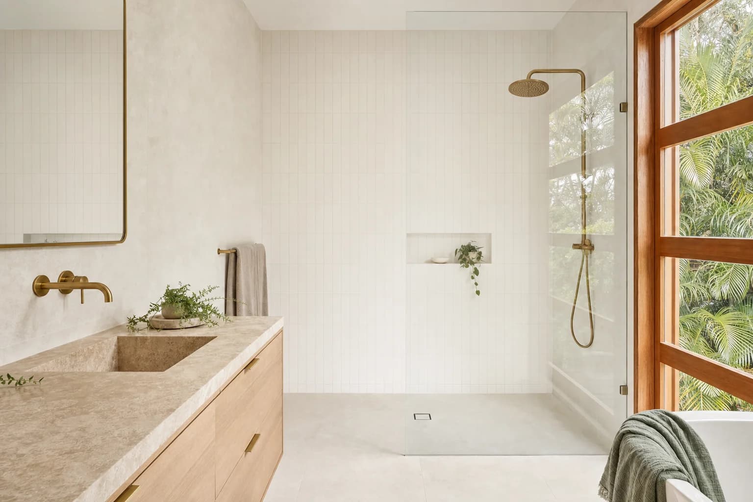 A renovated bathroom in a raised timber house with warm sand floor tiling, limestone walls, a pale oak vanity and a walk-in shower beside a timber window