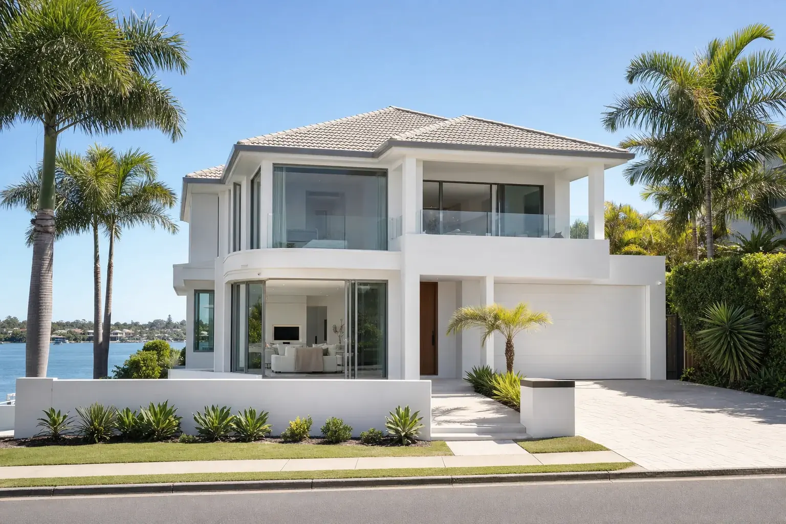 A waterfront Australian home with a white rendered facade, wide glazing and established palms