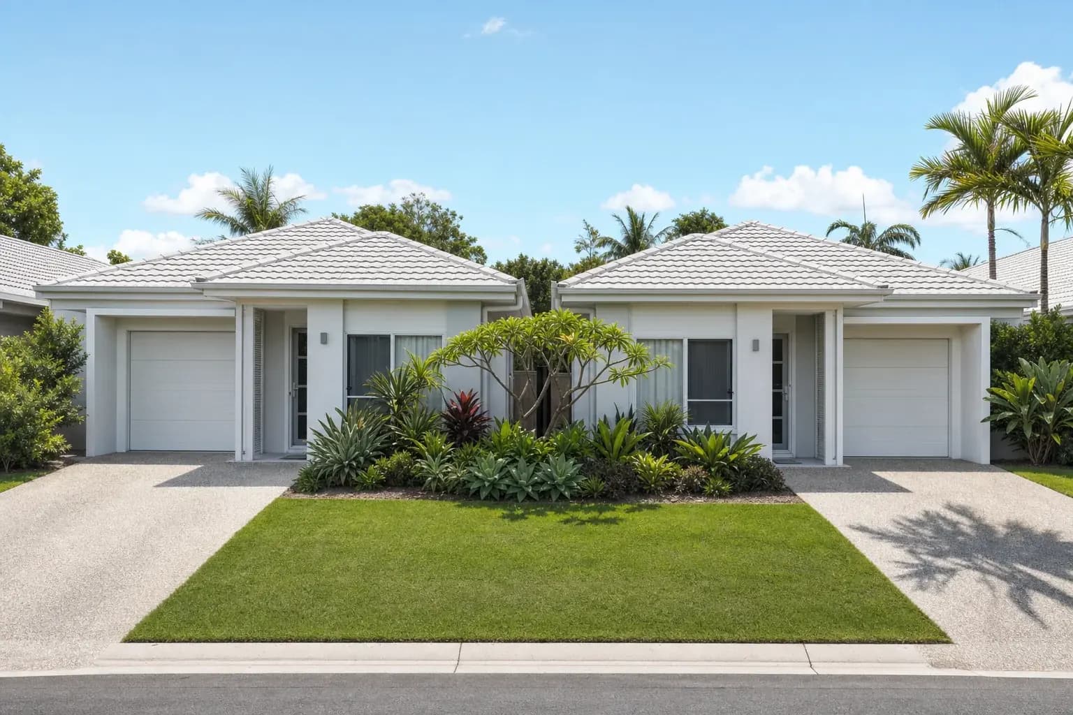 An Australian duplex pair, two attached single storey homes with tiled roofs and separate driveways