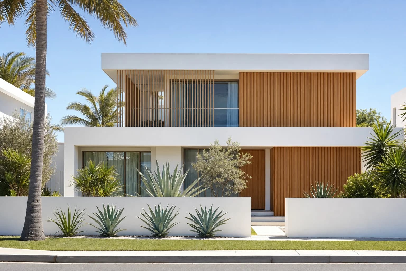 A contemporary Australian beachside house with a white rendered facade, timber battens and a low front wall