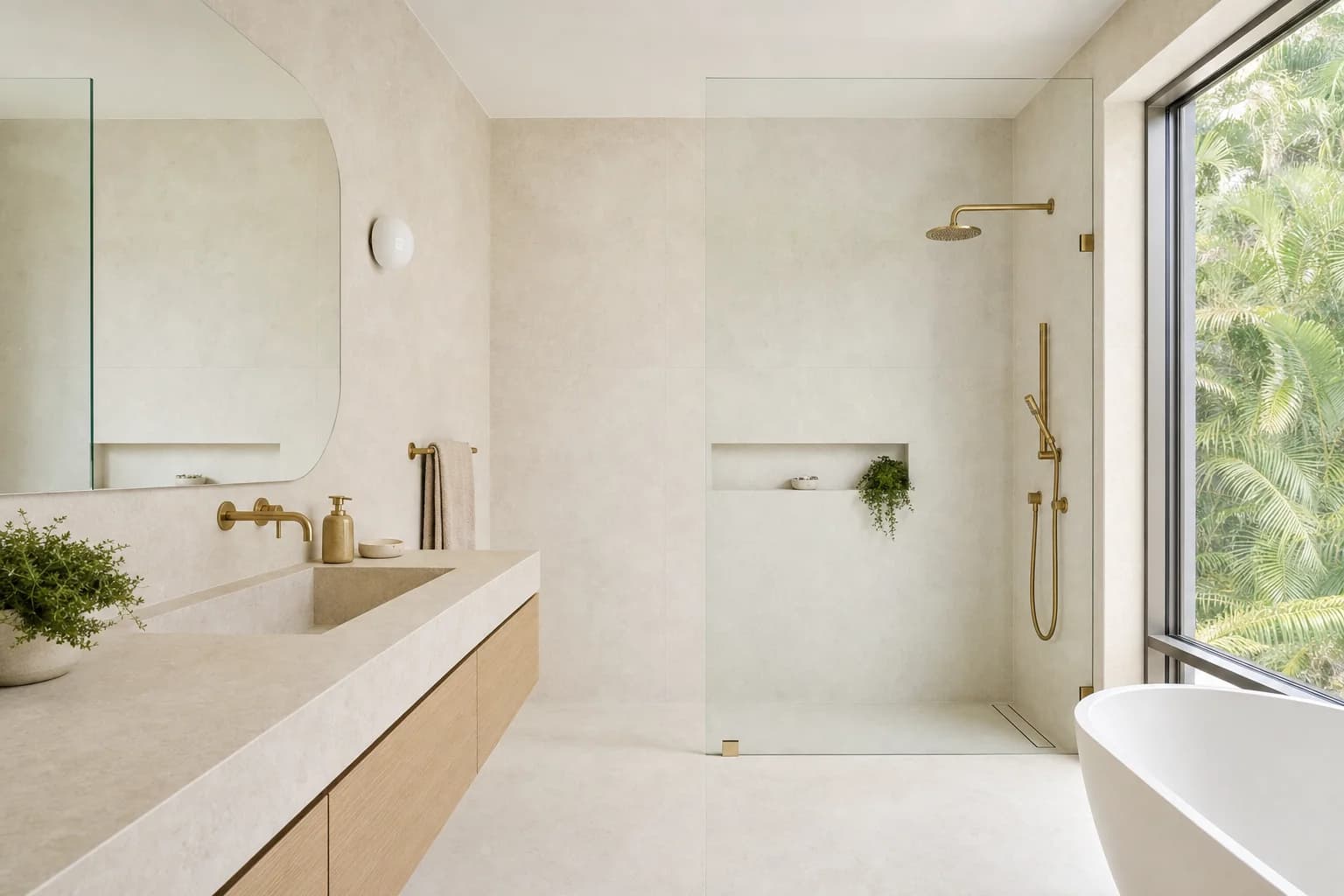 A renovated bathroom in a high end coastal house with limestone tiling, a tan stone benchtop, pale oak joinery and a walk-in shower with a mitred stone niche