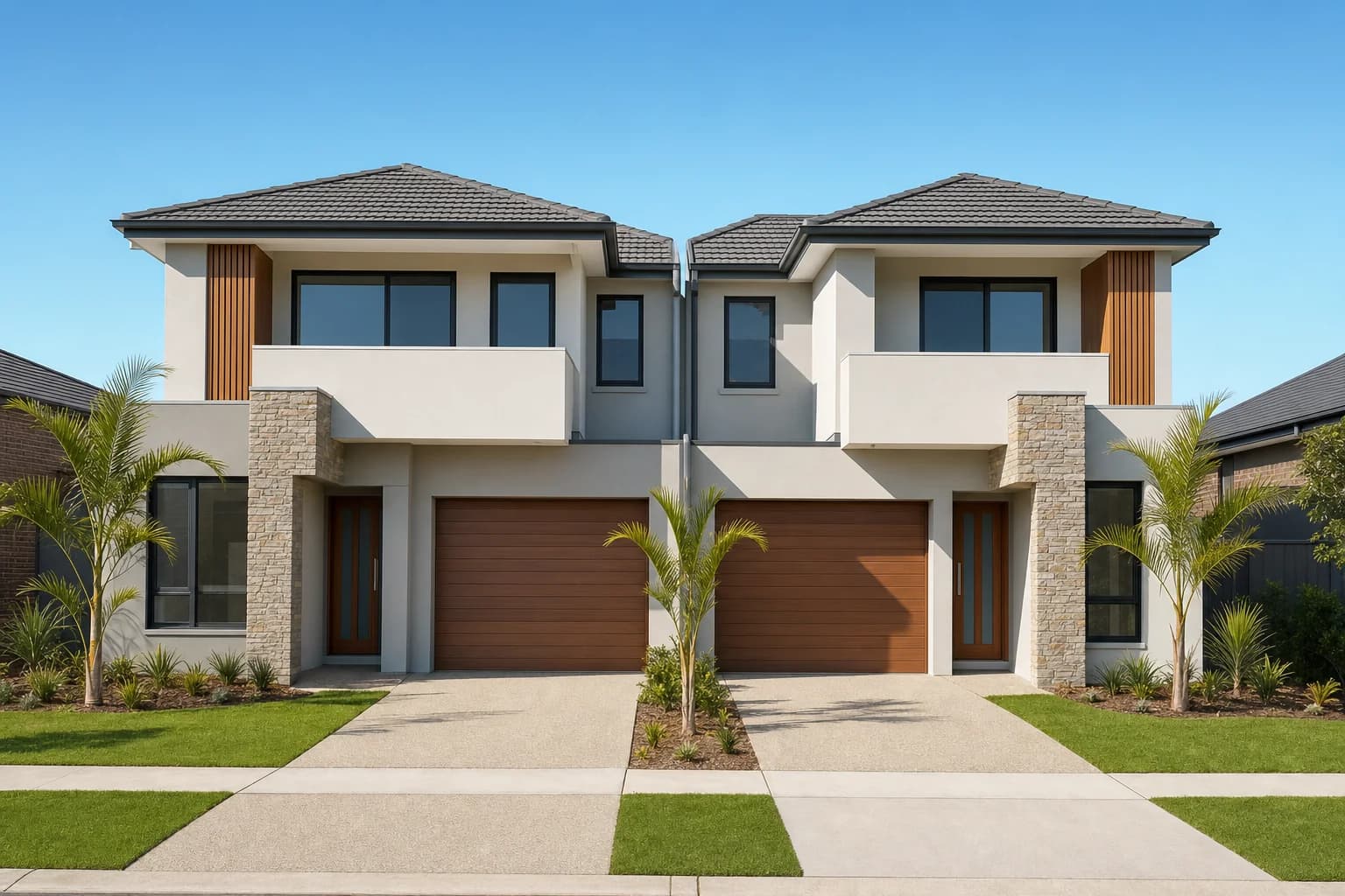 A modern Australian duplex, two attached two-storey homes with rendered facades and tiled roofs