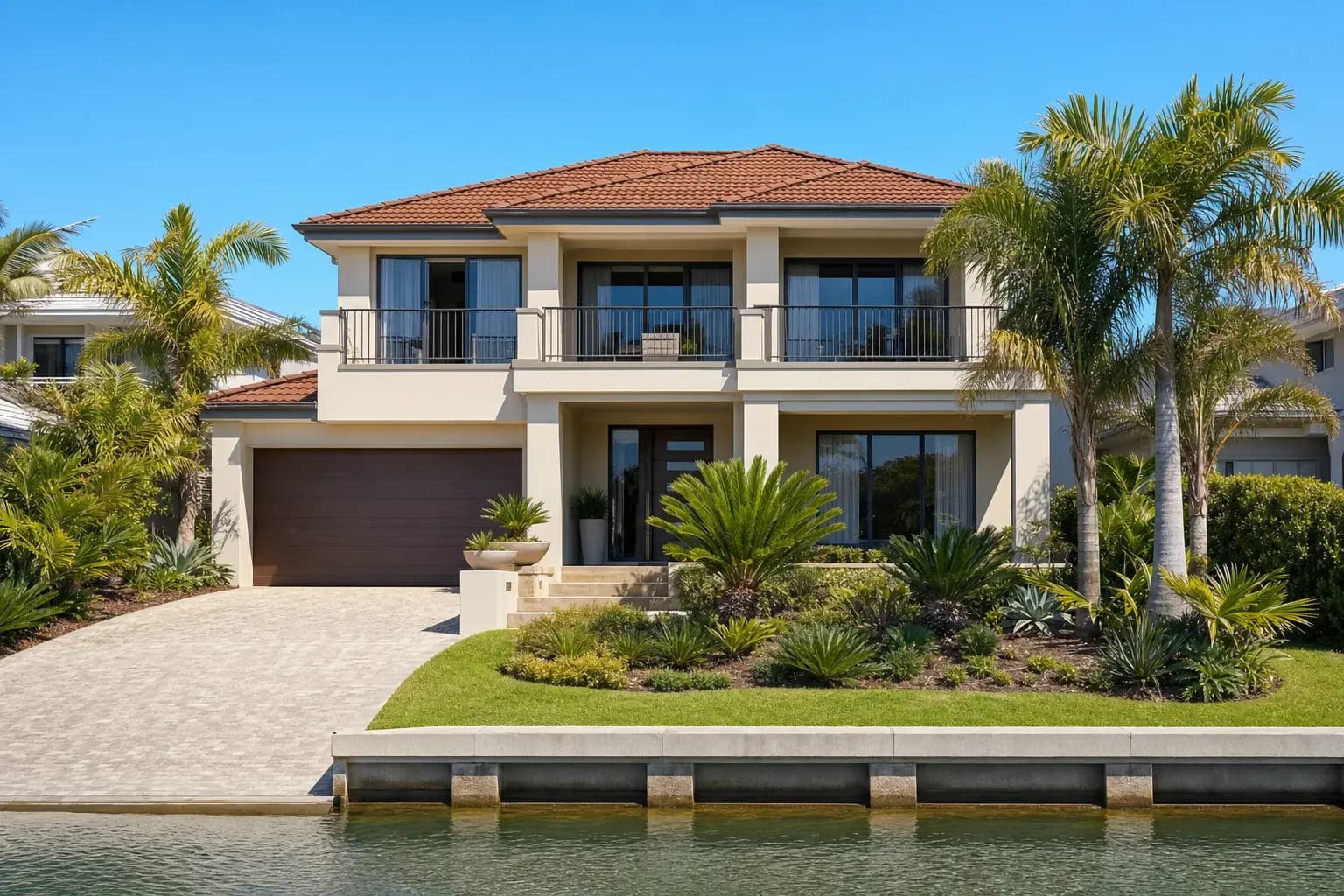 A two storey Australian canal-front house with a rendered facade, a balcony and a paved driveway