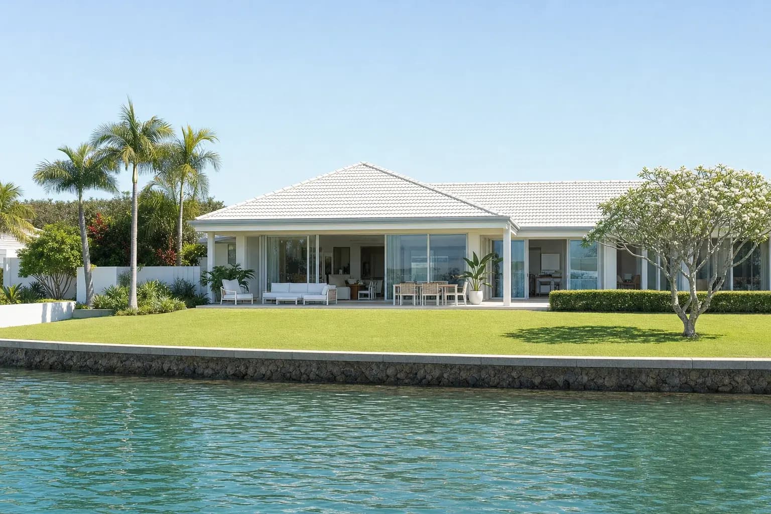 A single storey Australian waterfront home with a wide glazed frontage and a lawn running to a low seawall