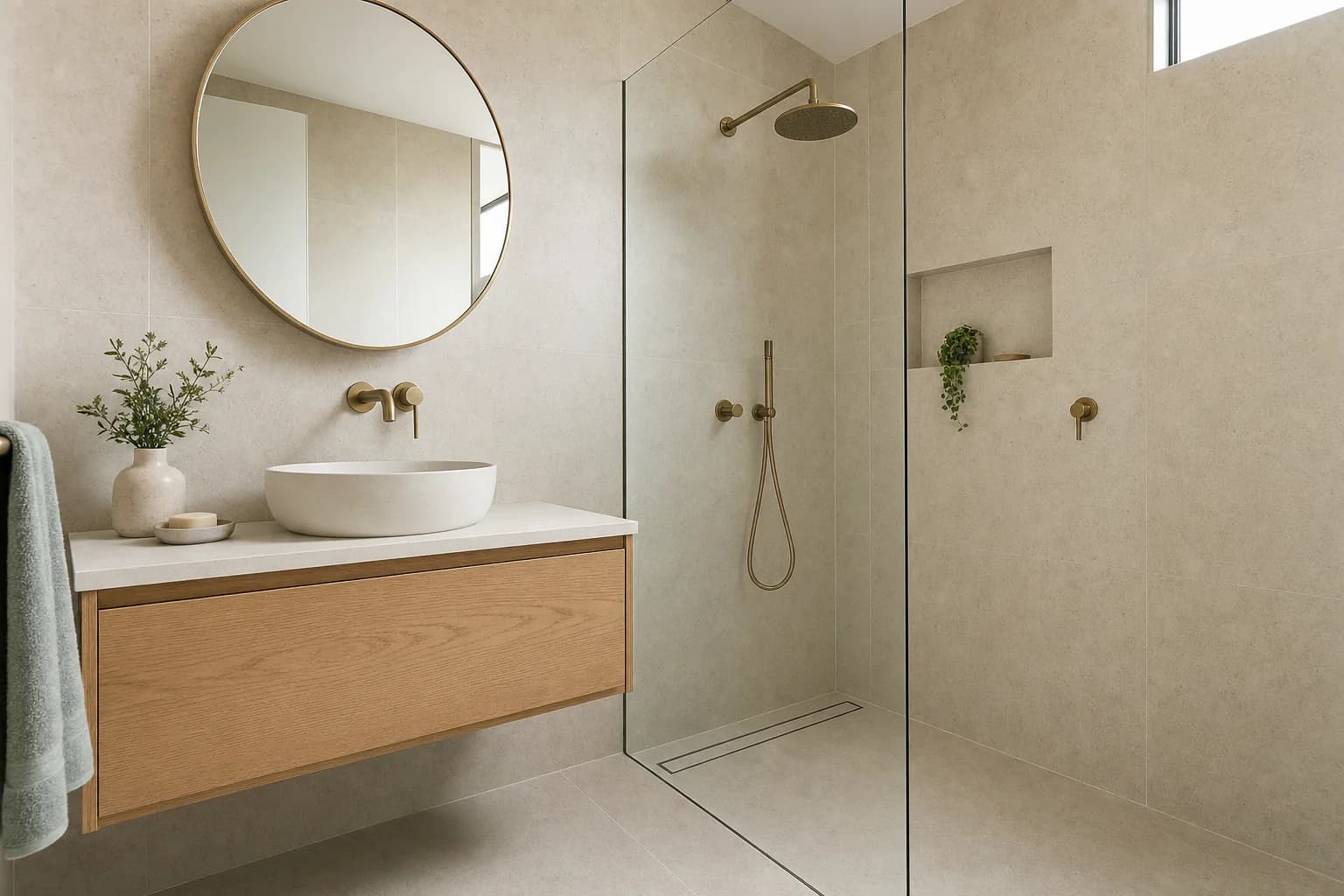 A renovated second bathroom in a townhouse with warm sand tiling, a wall-hung oak vanity and a walk-in shower with a frameless panel