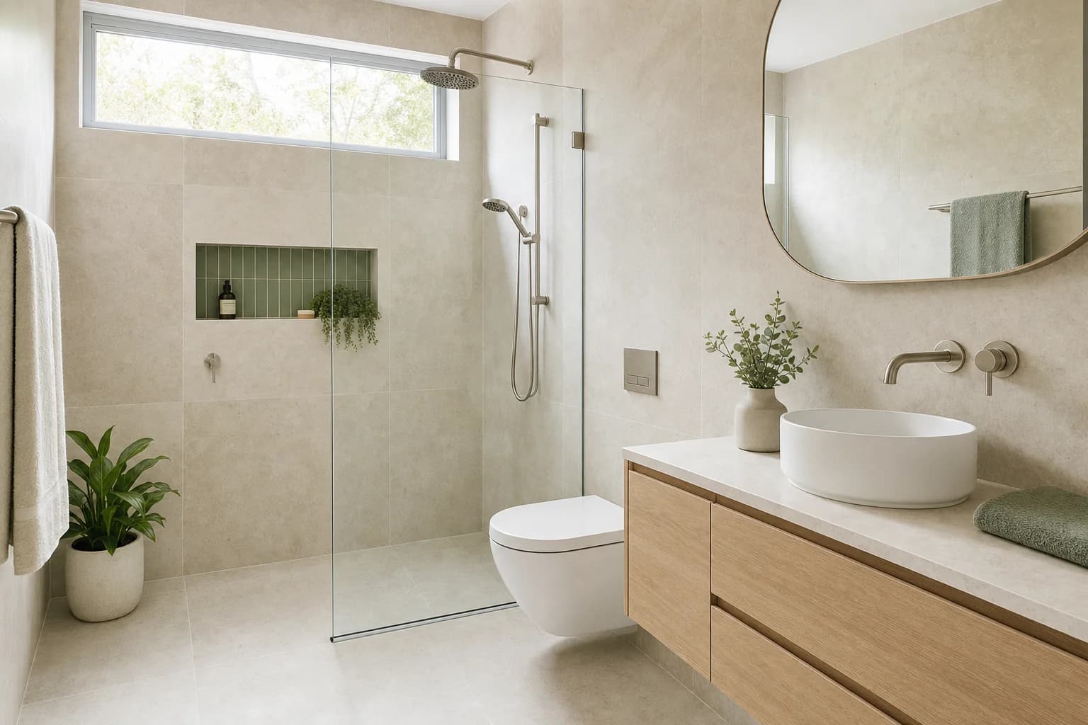 Small bathroom renovation on the Gold Coast using large-format tile and a wall-hung vanity