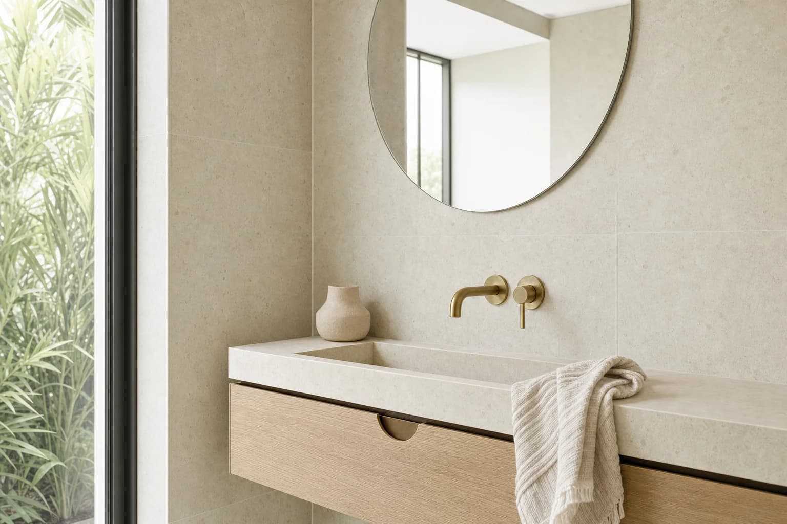 A slim wall-hung vanity with a single basin, an aged brass mixer and a round mirror on full-height limestone tiling
