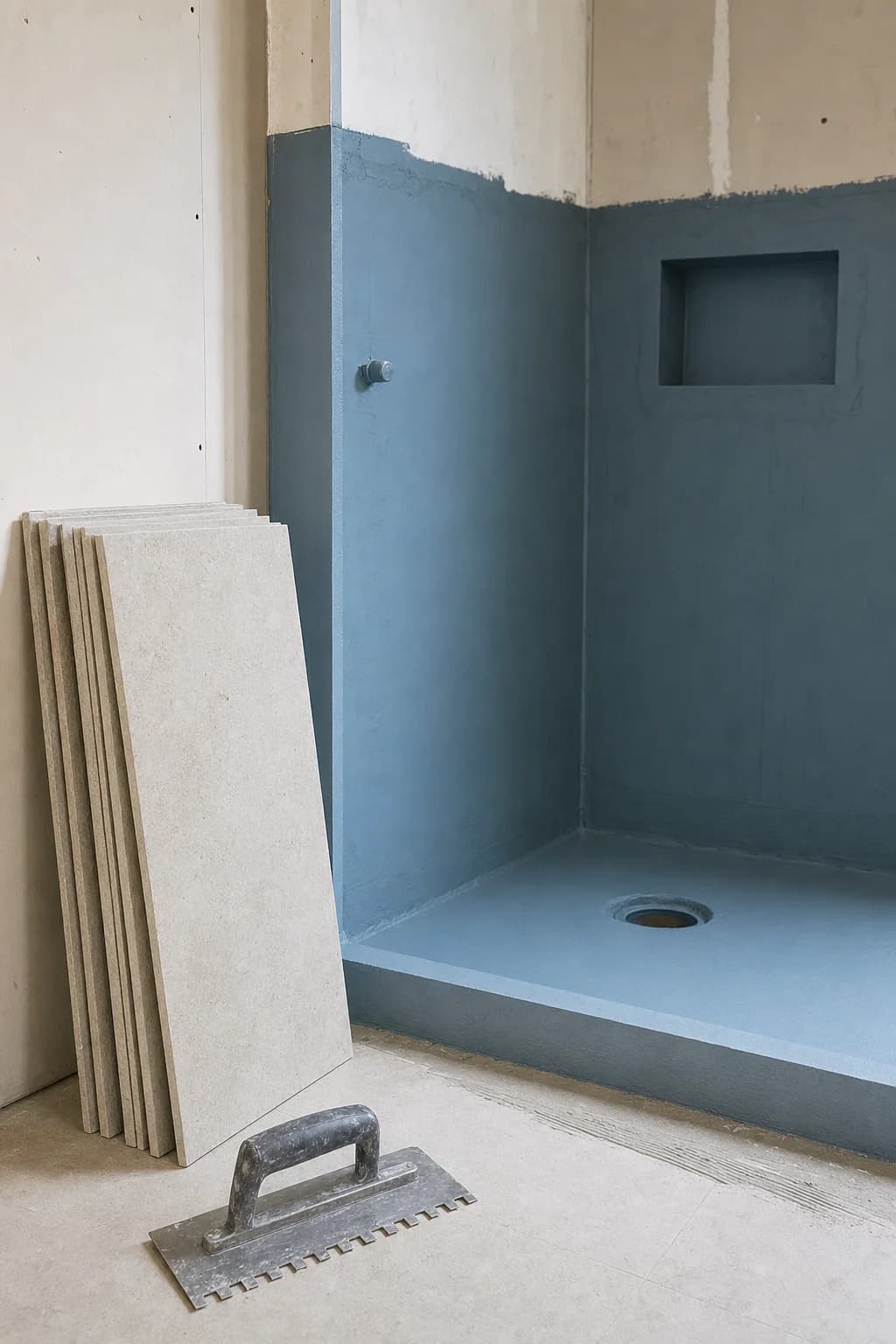 A shower base and lower walls coated in waterproofing membrane with large format tiles stacked ready to lay