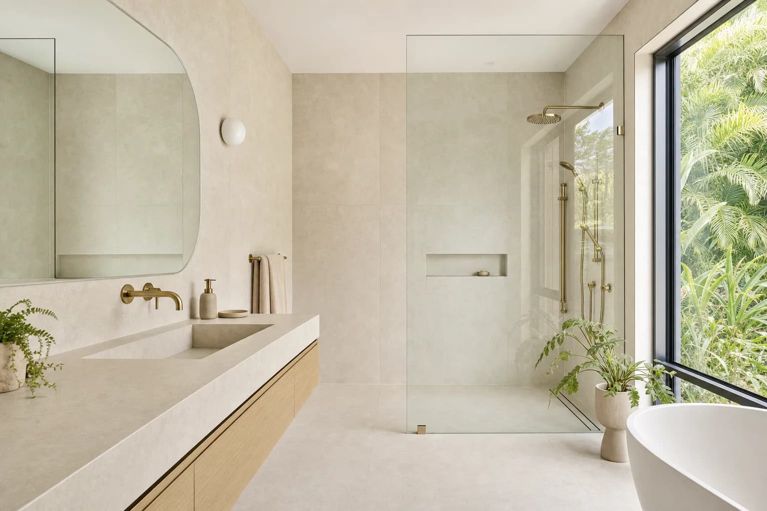 A renovated ensuite in a contemporary home with warm sand tiling, a slim wall-hung oak vanity and a frameless walk-in shower with a linear drain