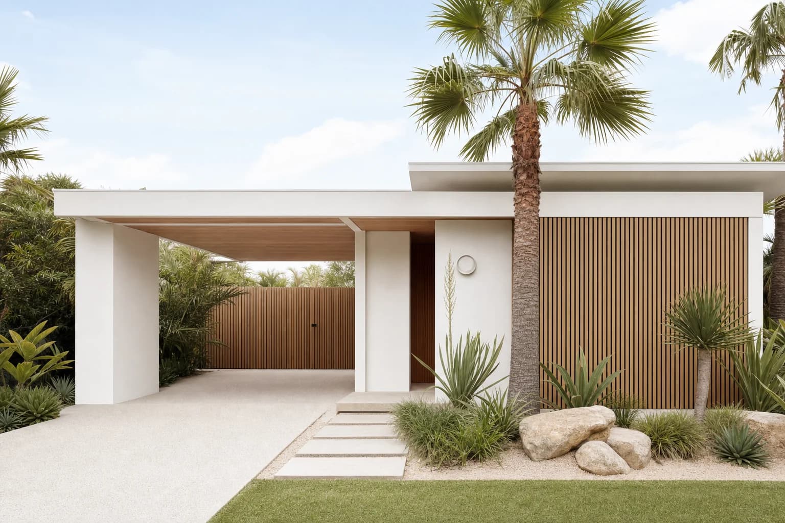 A contemporary single storey coastal home with white render, vertical timber battens, a flat roof with deep eaves and tall palms