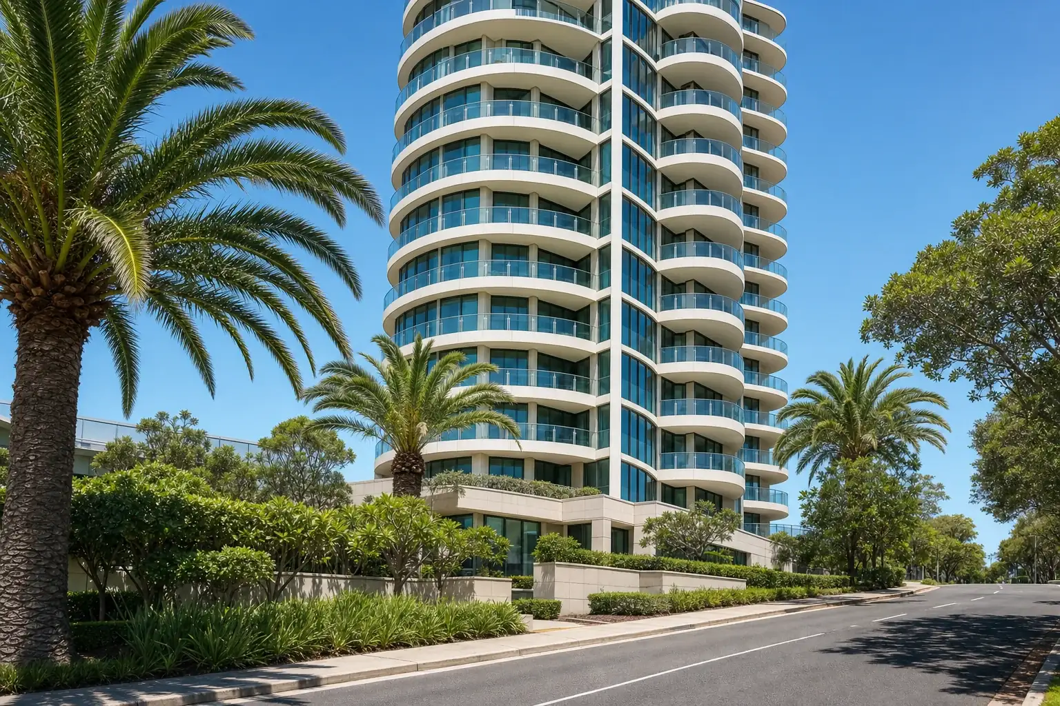 A high rise Australian apartment building with curved glass balconies seen from a landscaped street