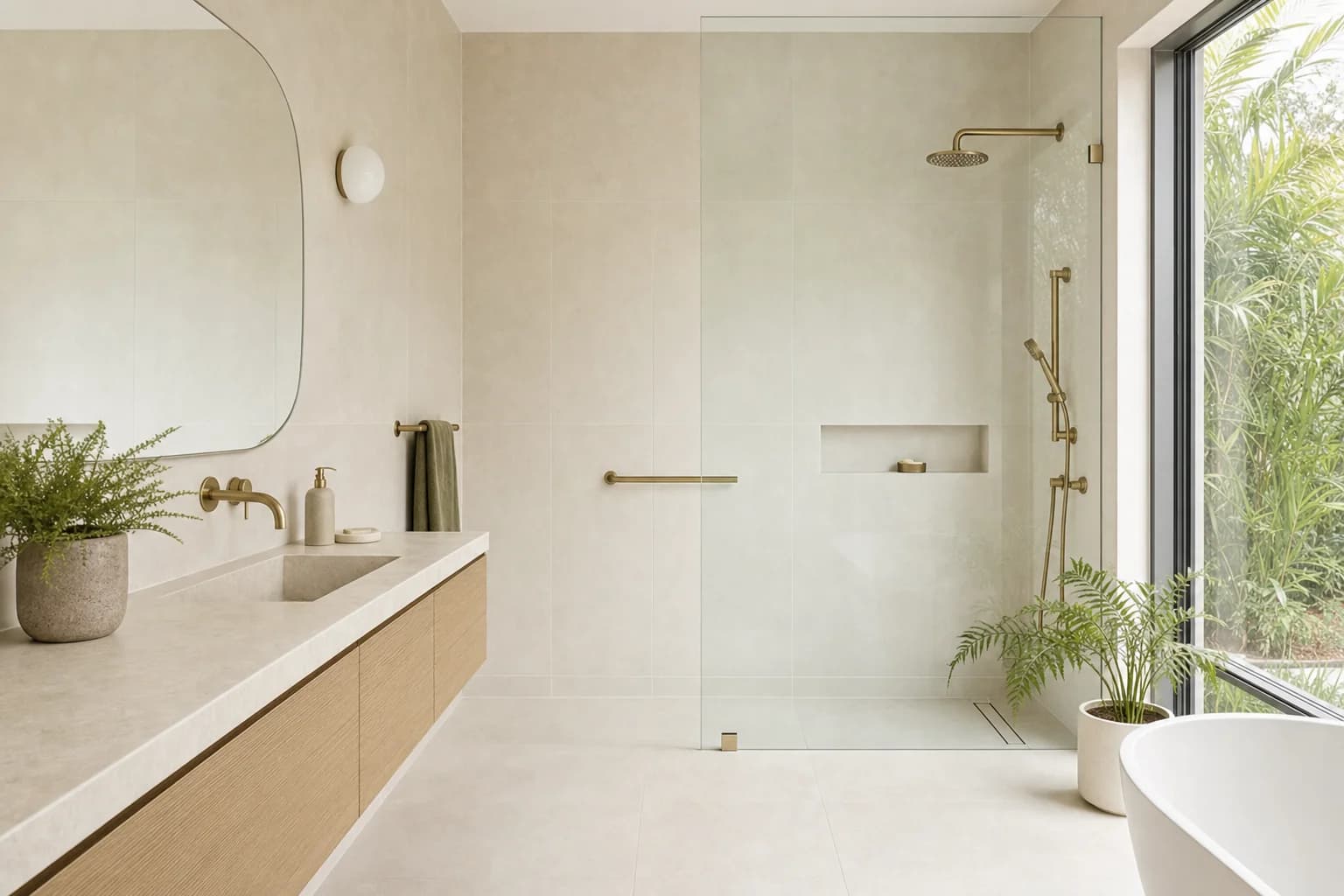 A renovated step-free bathroom with a level entry shower, a linear drain, warm sand tiling, an oak vanity and a matching brass grab rail