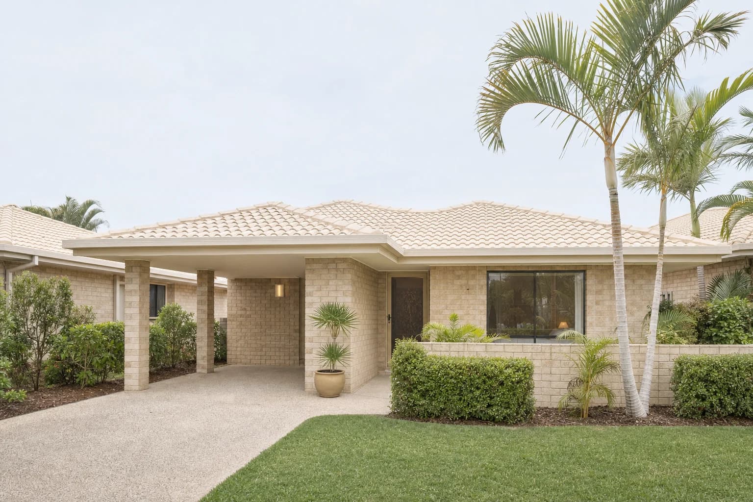 A single storey brick villa in a small quiet complex with a tiled roof, a carport, low hedging and mature palms