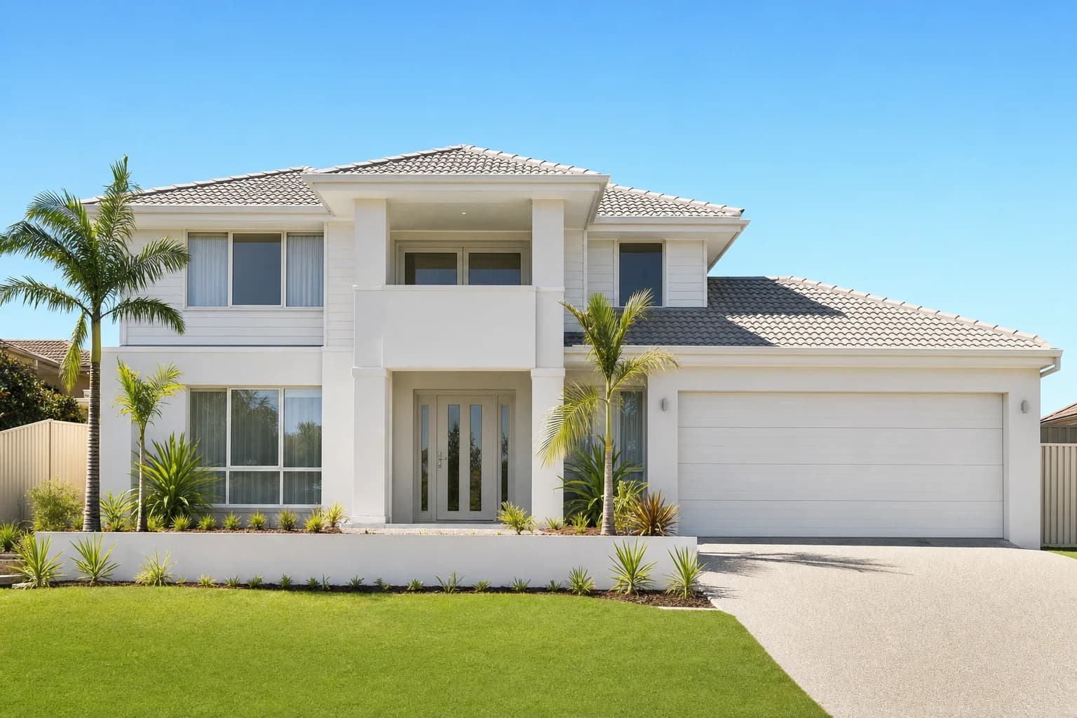 A two storey Australian family home rendered in warm white with a tiled roof and a double garage