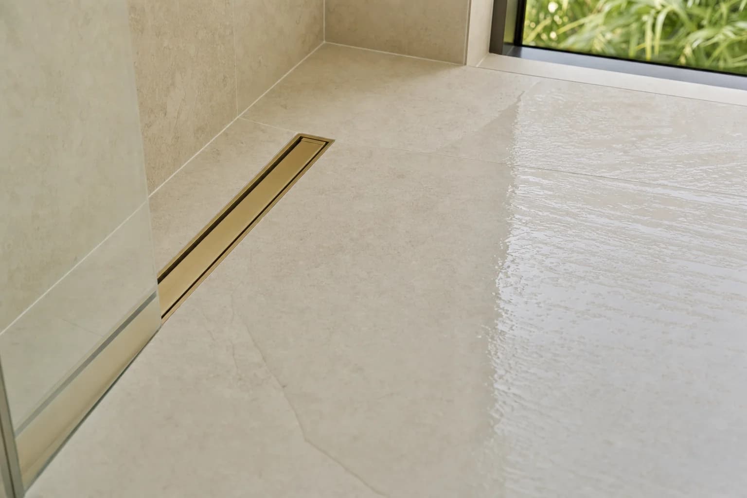 Large-format limestone floor tiling meeting a linear brass drain, with water running along the fall to the waste